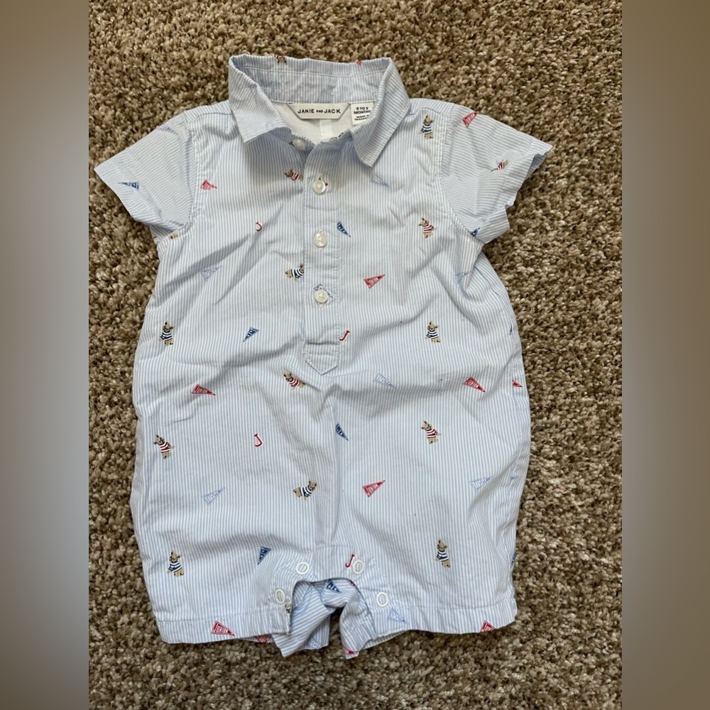 Janie and Jack Baby Boy Light Blue Pin Striped Romper - 0-3 months